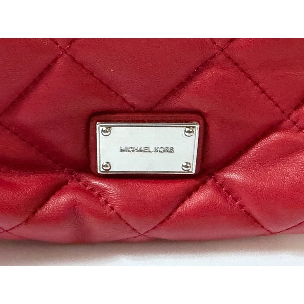 Michael Kors Red Quilted Leather Chain Pouch Clutch Wristlet Silver Hardware